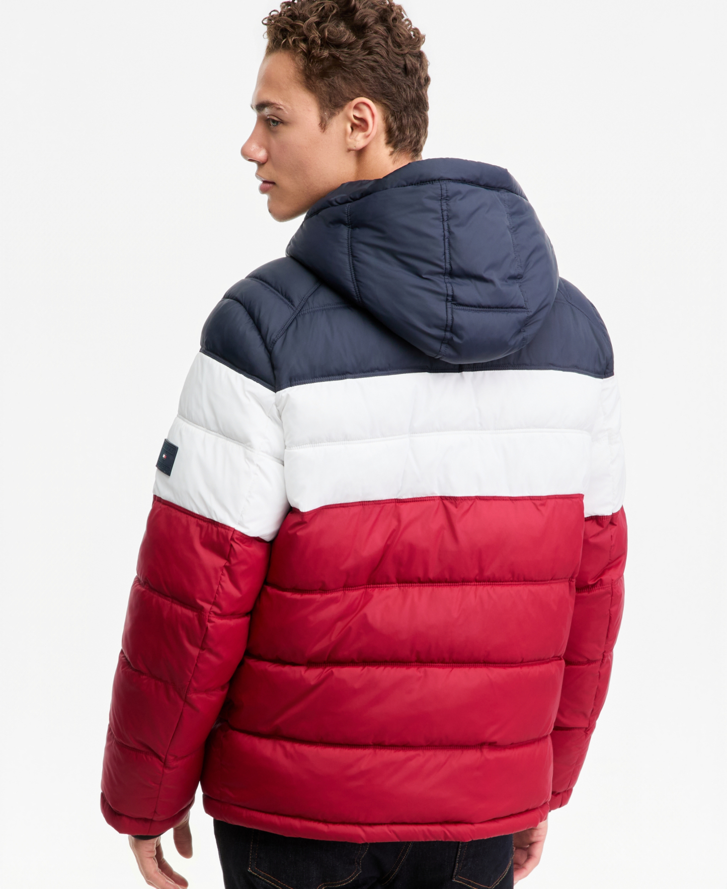 Tommy Hilfiger Men's Hooded Puffer Jacket - Red/White/Blue Colorblock