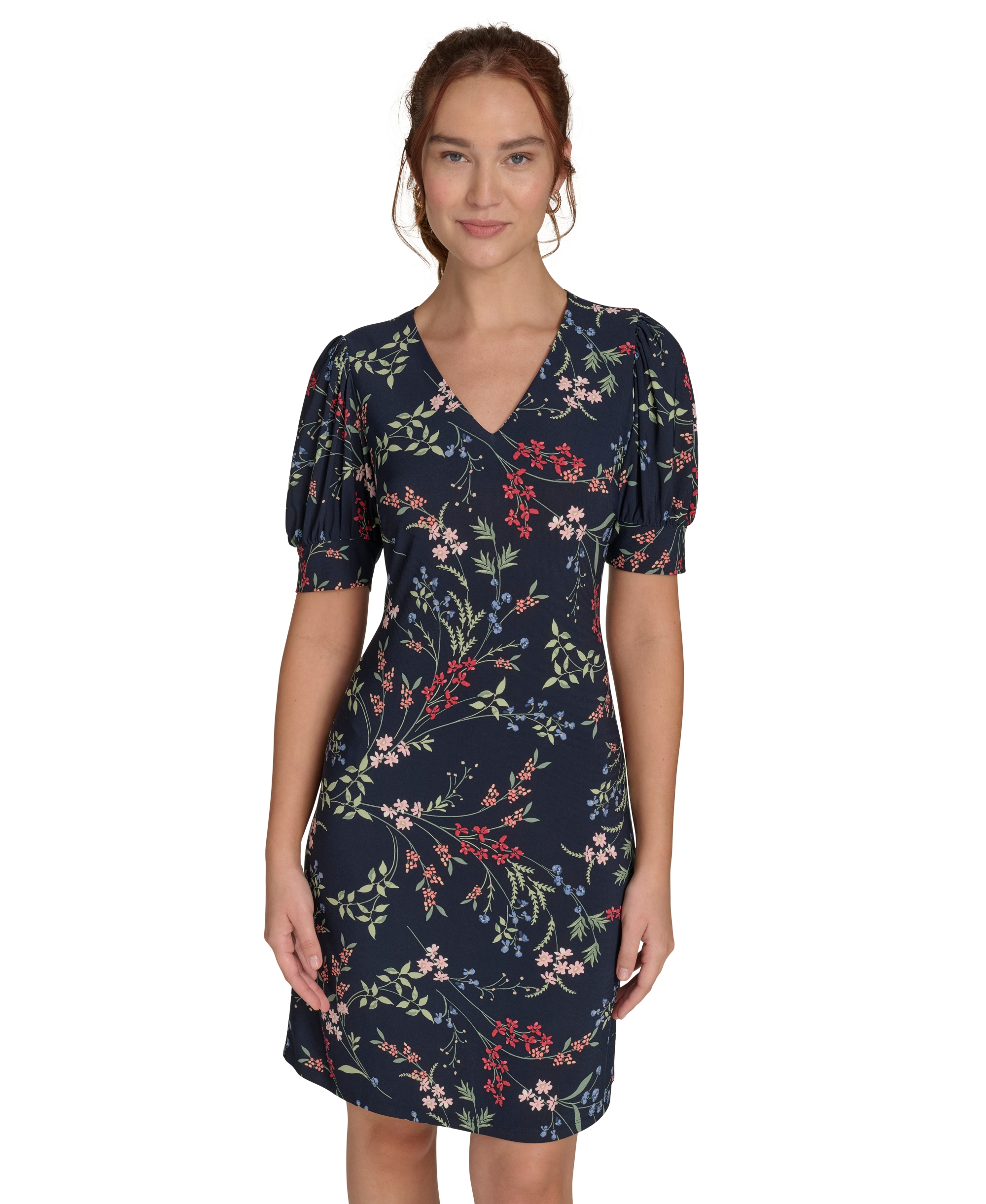 Tommy Hilfiger Women's Puffed-Sleeve Floral Shift Dress - Sky Captain Bloom