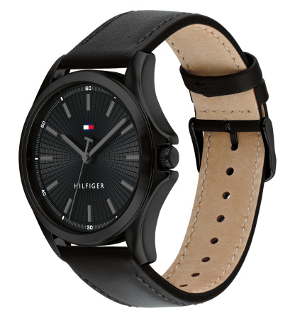 Tommy Hilfiger Men's Quartz Black Leather Strap Watch, 43mm - Black