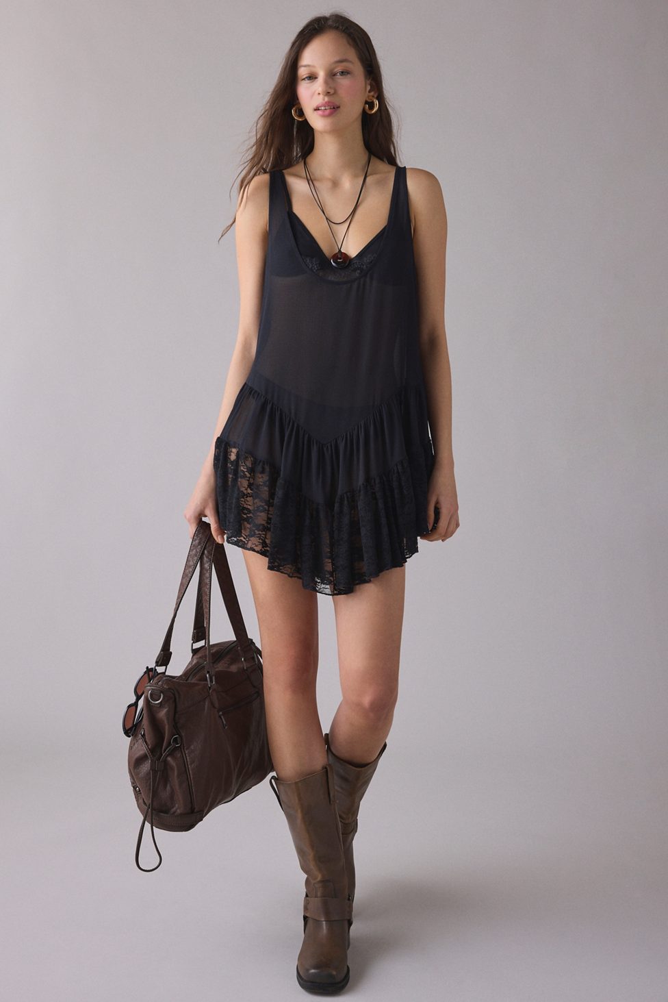 Out From Under River Ruffle Lace Trim Slip Dress - Black
