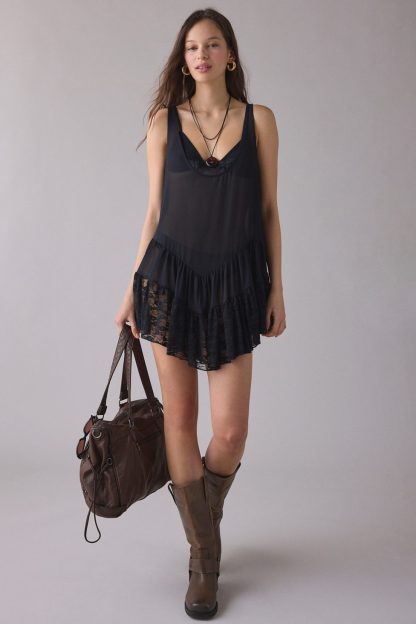 Out From Under River Ruffle Lace Trim Slip Dress - Black