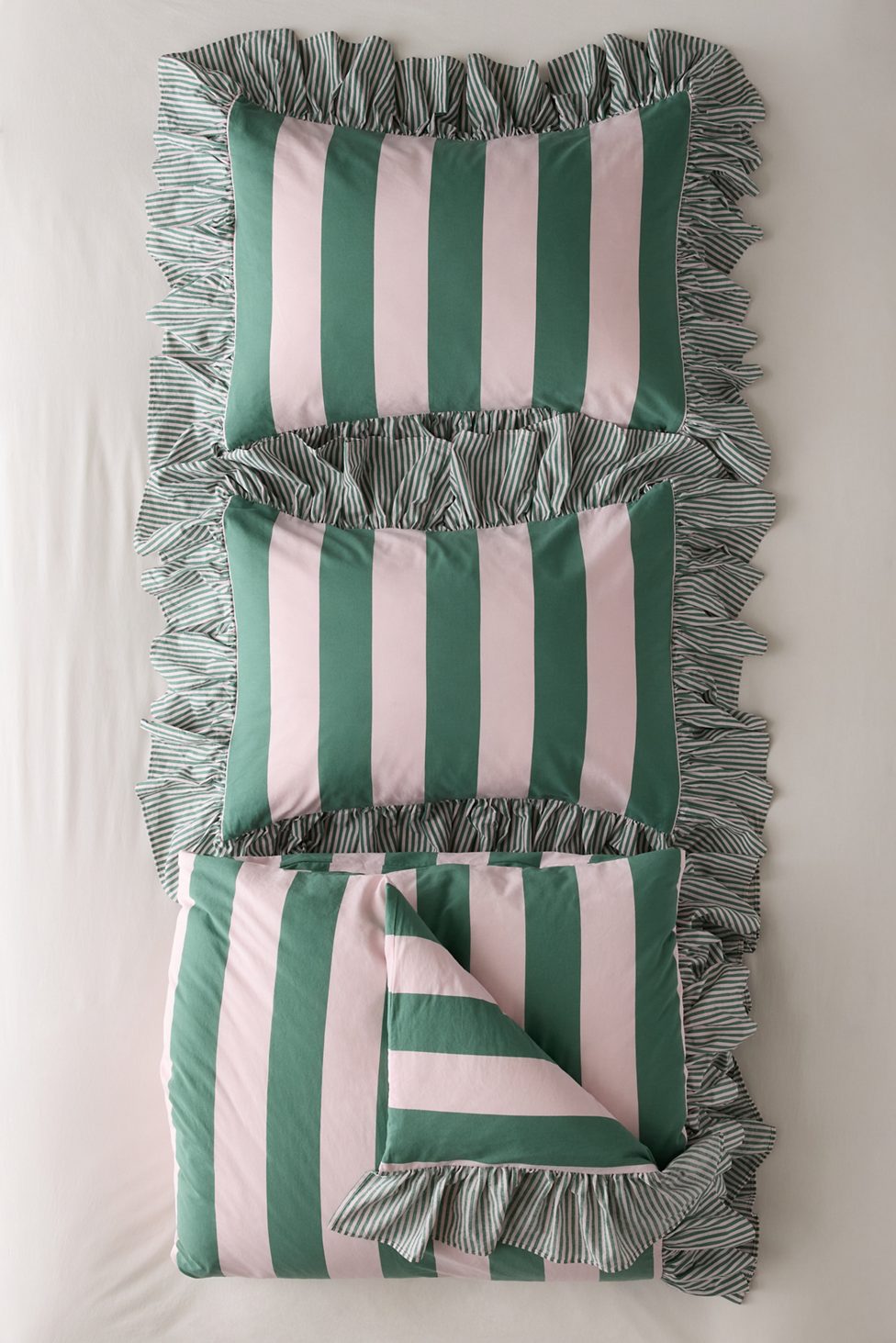 Elaine Ruffle Printed Cotton Percale Duvet Cover - Pink and Green Stripe