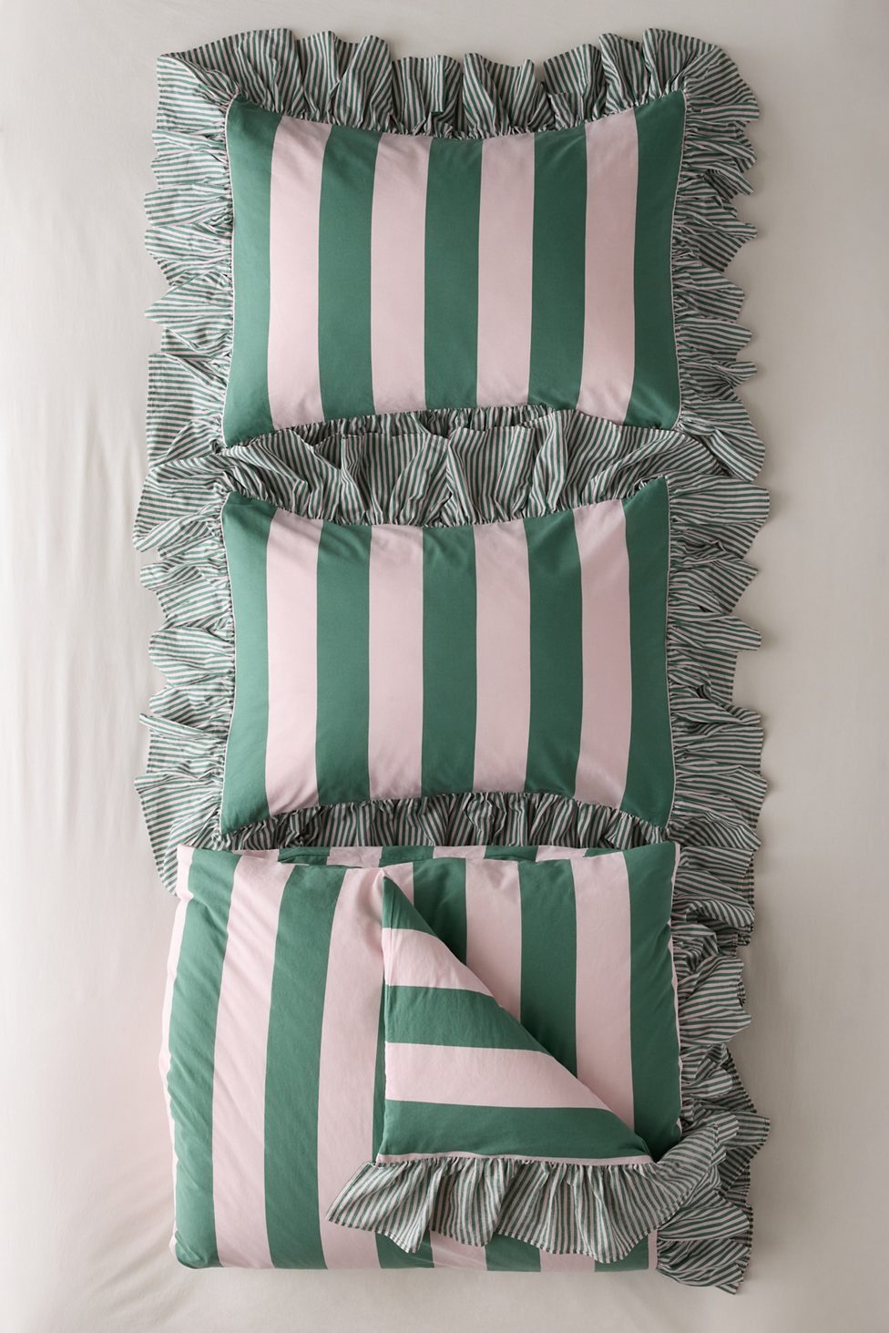 Elaine Ruffle Printed Cotton Percale Duvet Cover - Pink and Green Stripe