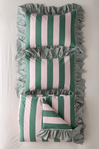 Elaine Ruffle Printed Cotton Percale Duvet Cover - Pink and Green Stripe