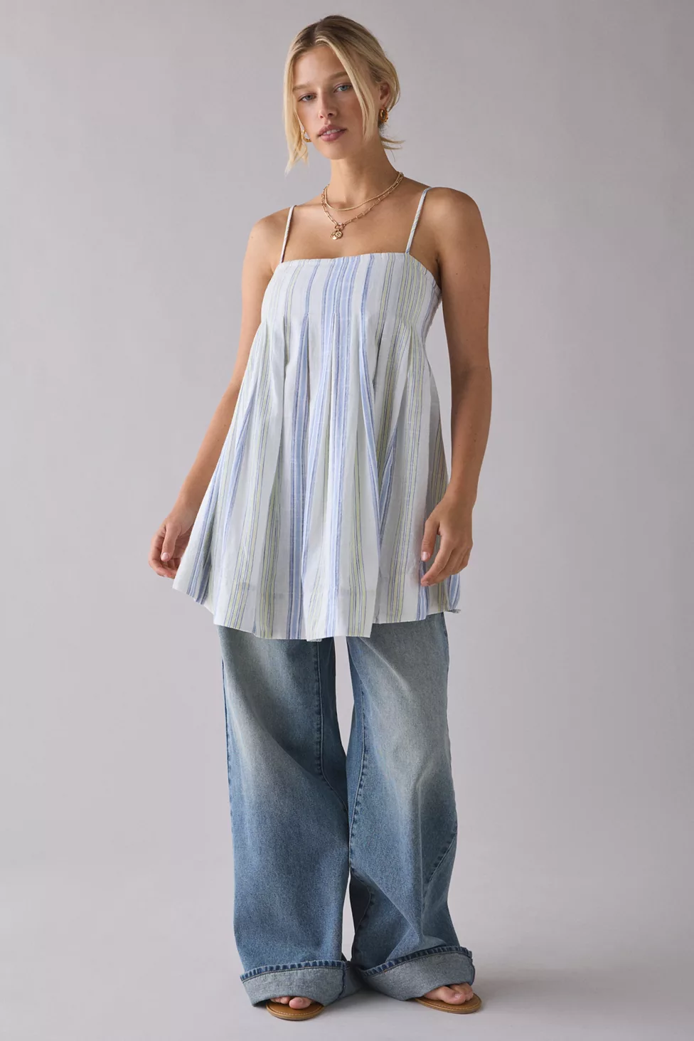 Kimchi Blue Smooth Sailing Pleated Flounce Babydoll Mini Dress - Blue Stripe