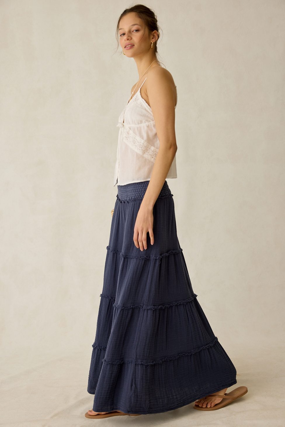 Kimchi Blue On My Mind Smocked Waist Tiered Maxi Skirt - Navy