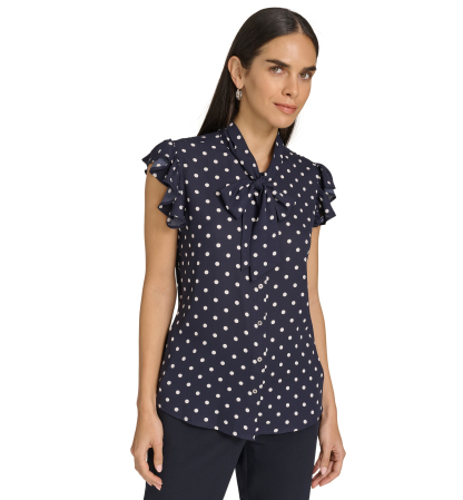 Tommy Hilfiger Women's Ruffle-Sleeve Bow Blouse - Midnight/Ivory