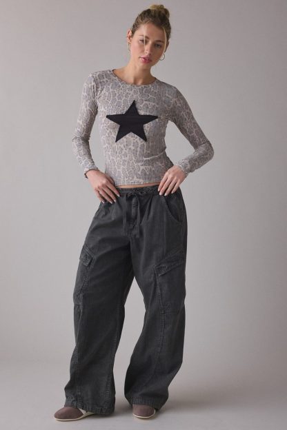 BDG Star Applique Graphic Leopard Print Long Sleeve Spill The Tee - Leopard Print