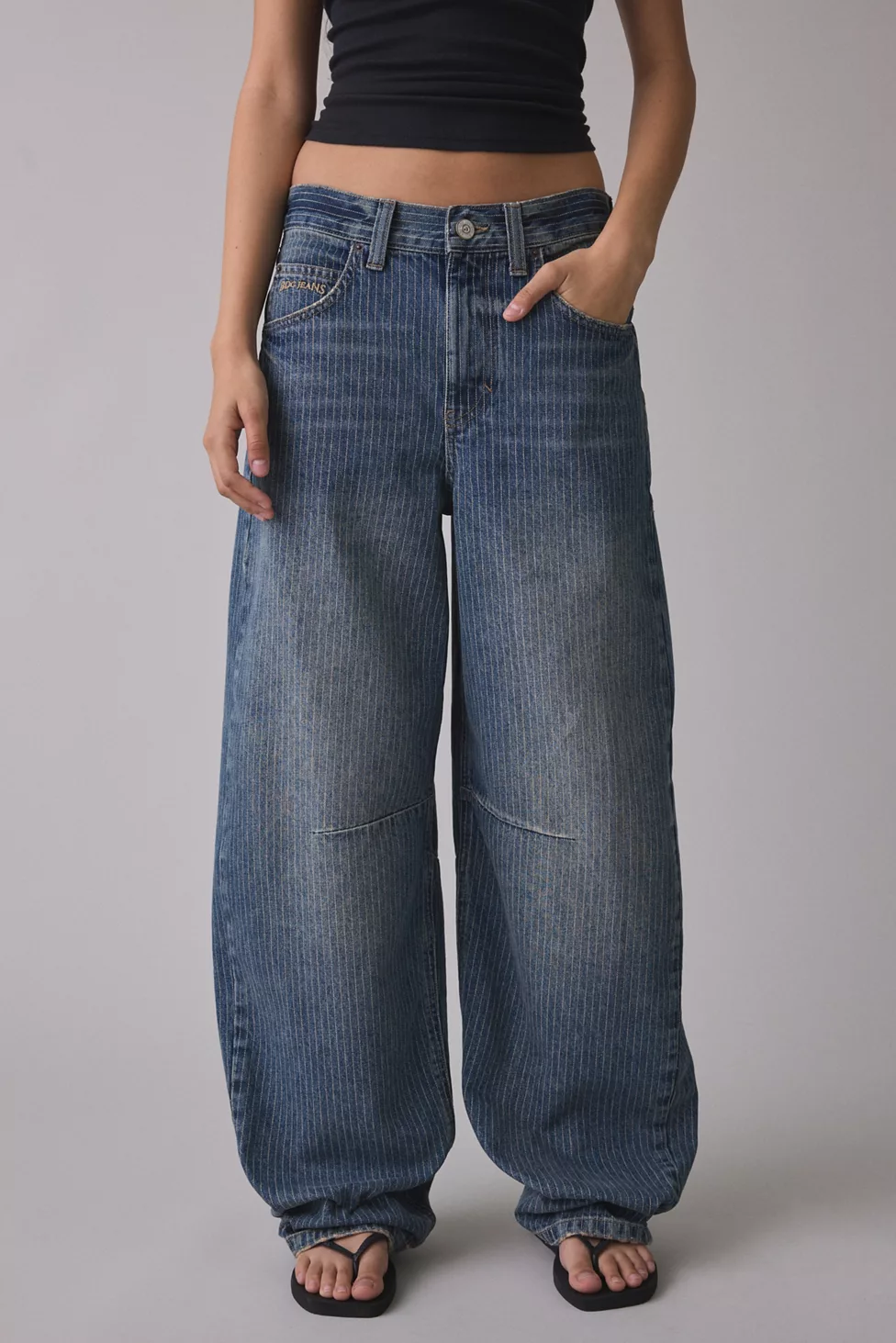 BDG Logan Printed Buckle Baggy Barrel Jeans - Denim Pinstripe