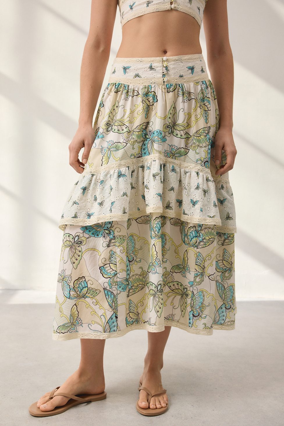 Kimchi Blue Seaside Splash Ruffle Lace Trim Midi Skirt 2-Piece Set - Ivory Combo