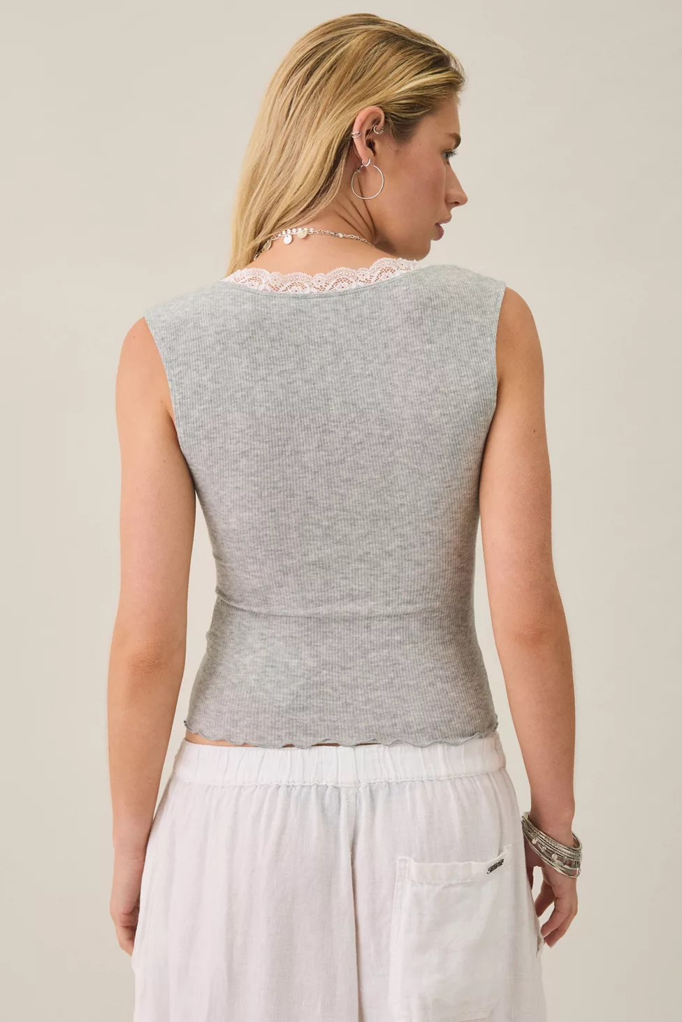 Out From Under Diana Plunging Lace Trim Cap Sleeve Top - Grey