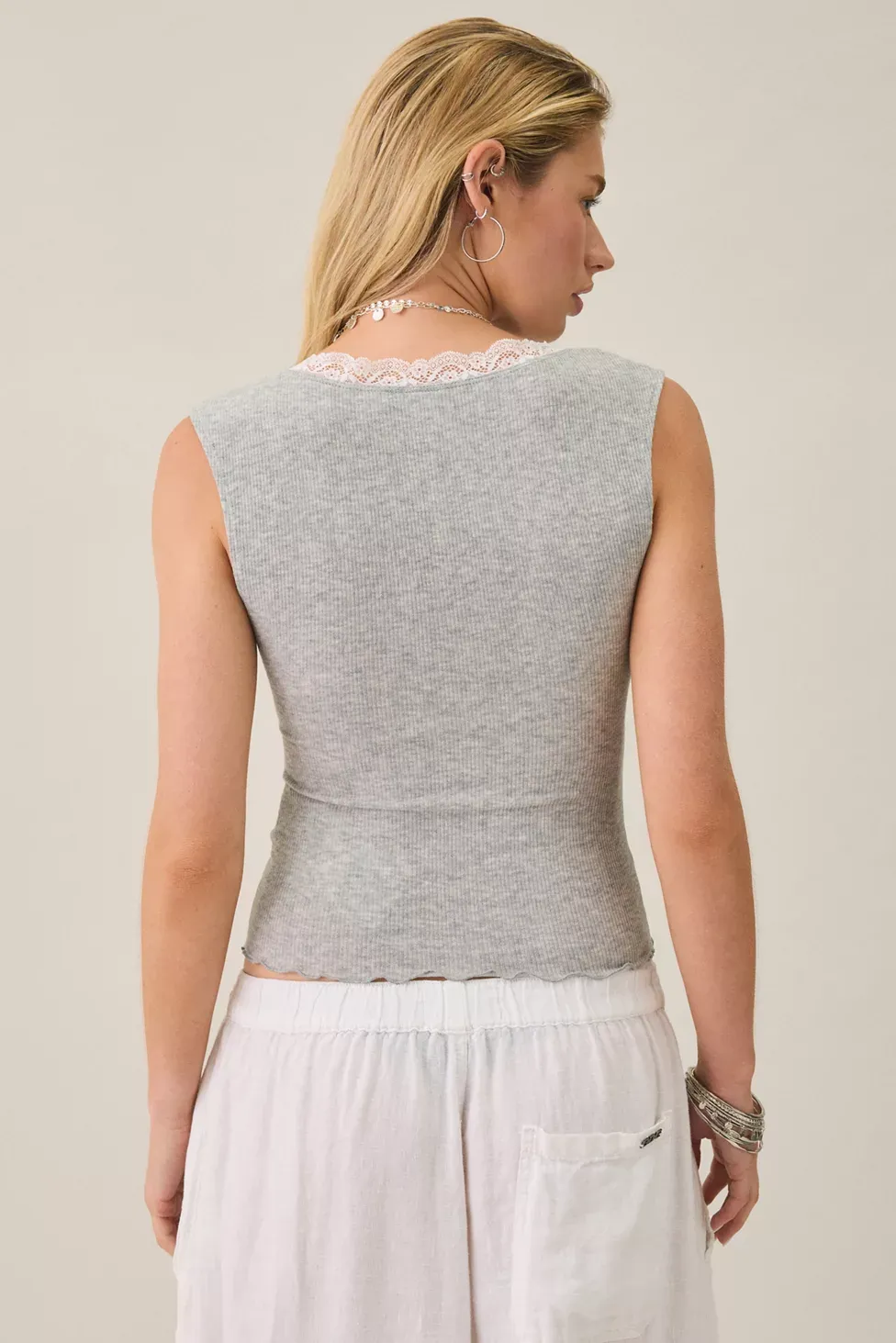 Out From Under Diana Plunging Lace Trim Cap Sleeve Top - Grey