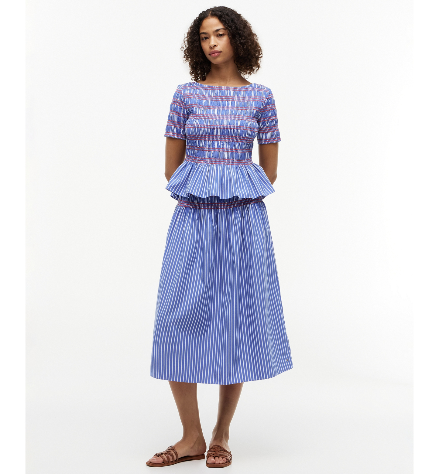 Tommy Hilfiger Women's Smocking Striped Boat Neck Cotton Top - Smocking Stripe