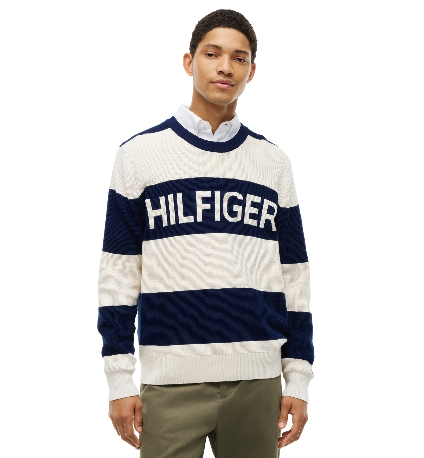 Tommy Hilfiger Men's Waffle Cotton Graphic Crewneck Sweater - Carbon Navy/Ivory Petal