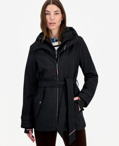 Tommy Hilfiger Women's Hooded Belted Softshell Coat, Created for Macy's - BLACK
