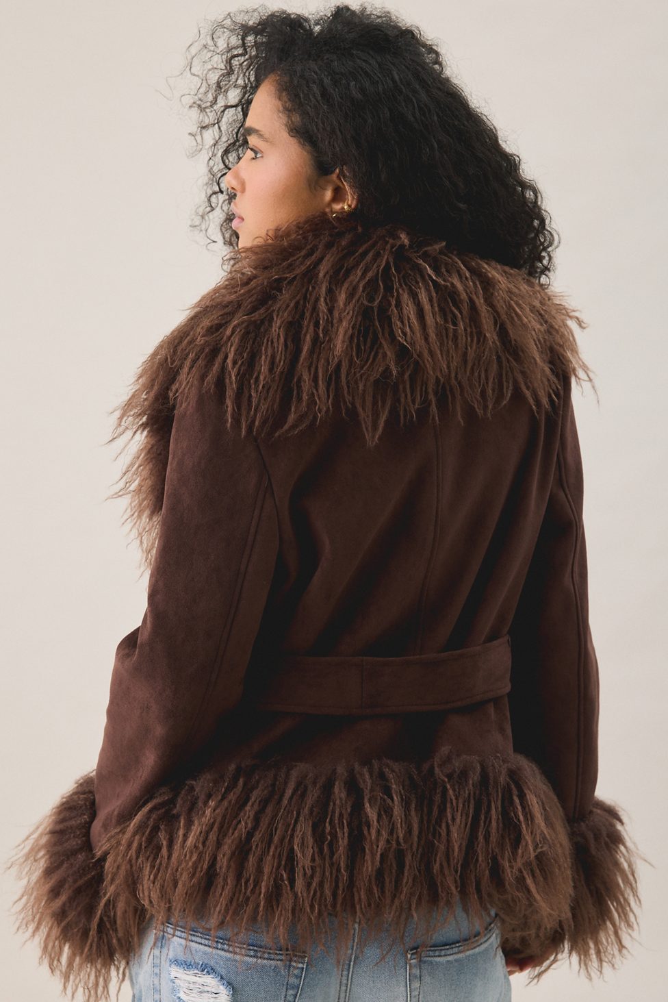 Azalea Wang Tori Faux Fur Trim Wrap Jacket - Brown