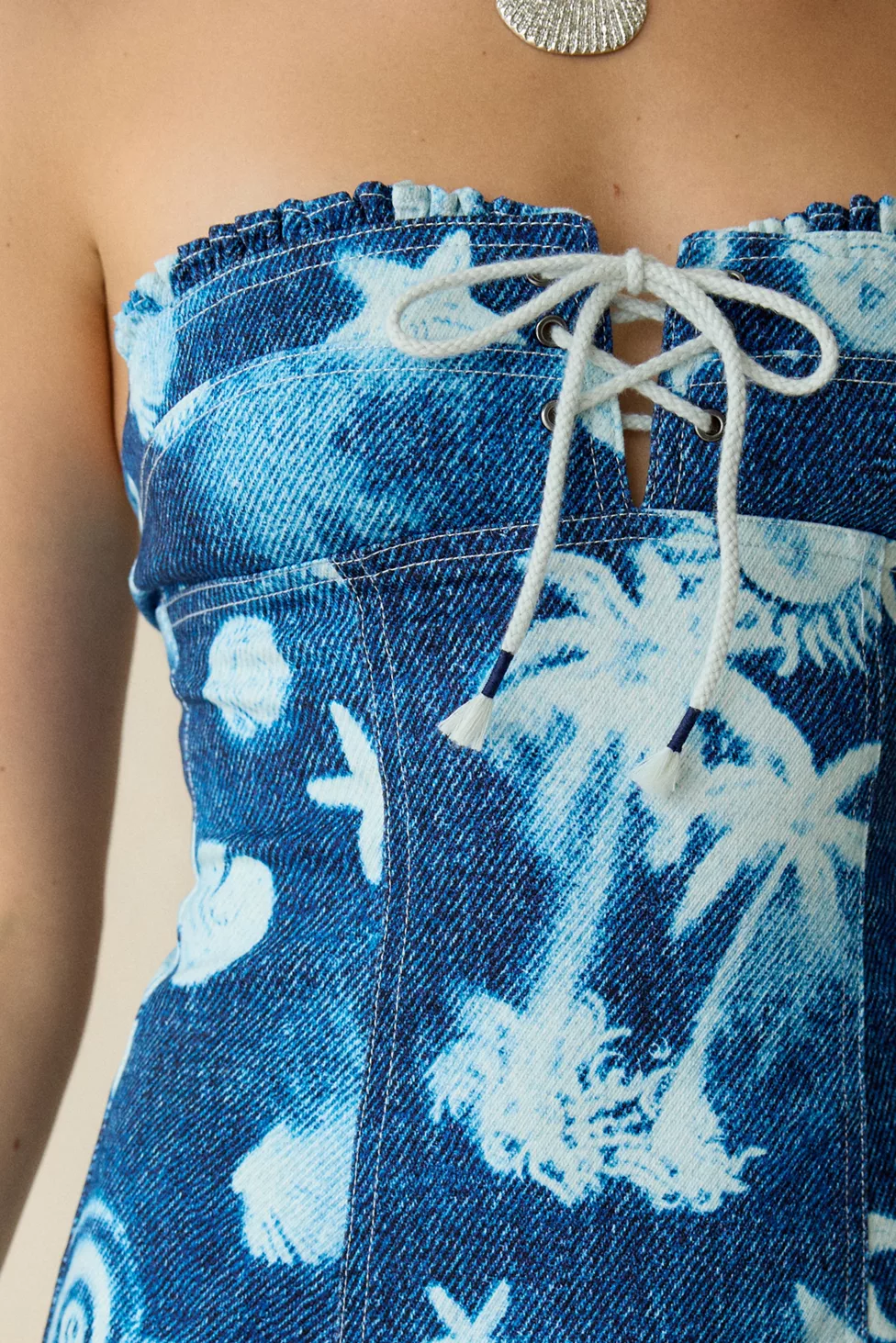 BDG Surfs Up Lace-Up Strapless Denim Mini Dress - Blue Multi