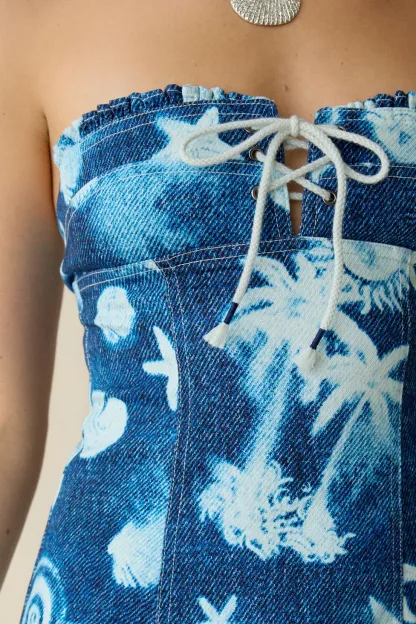 BDG Surfs Up Lace-Up Strapless Denim Mini Dress - Blue Multi