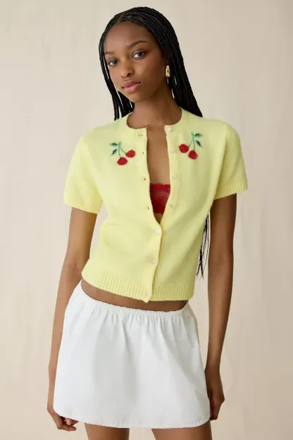 Kimchi Blue Rachel Cherry Land Short Sleeve Cardigan - Cherry Land
