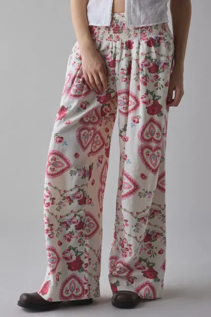 Kimchi Blue Caroline Smocked Wide Leg Linen-Blend Pants - Cabbage Rose