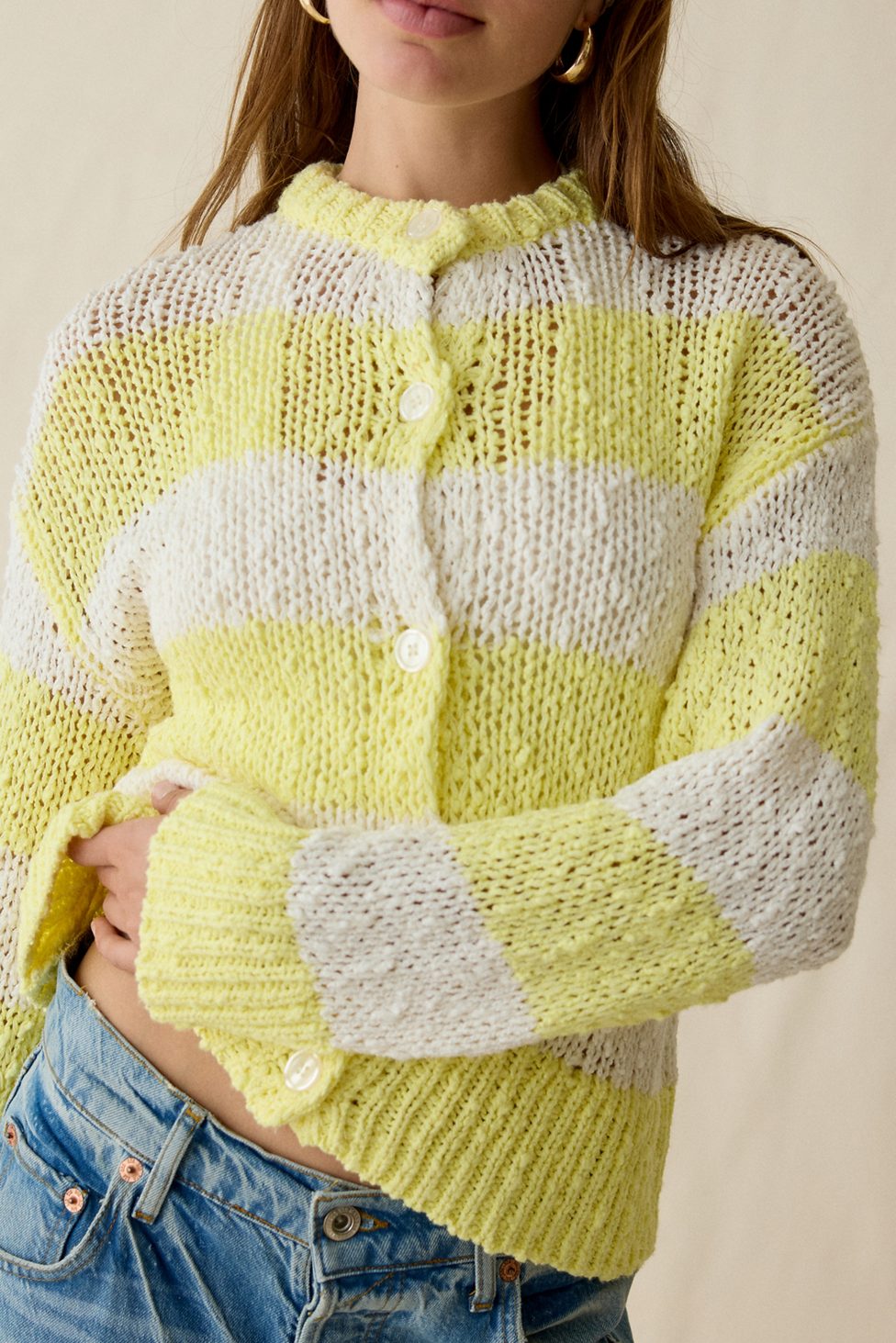 BDG Bridget Cotton Slub Knit Oversized Cardigan - Yellow Multi