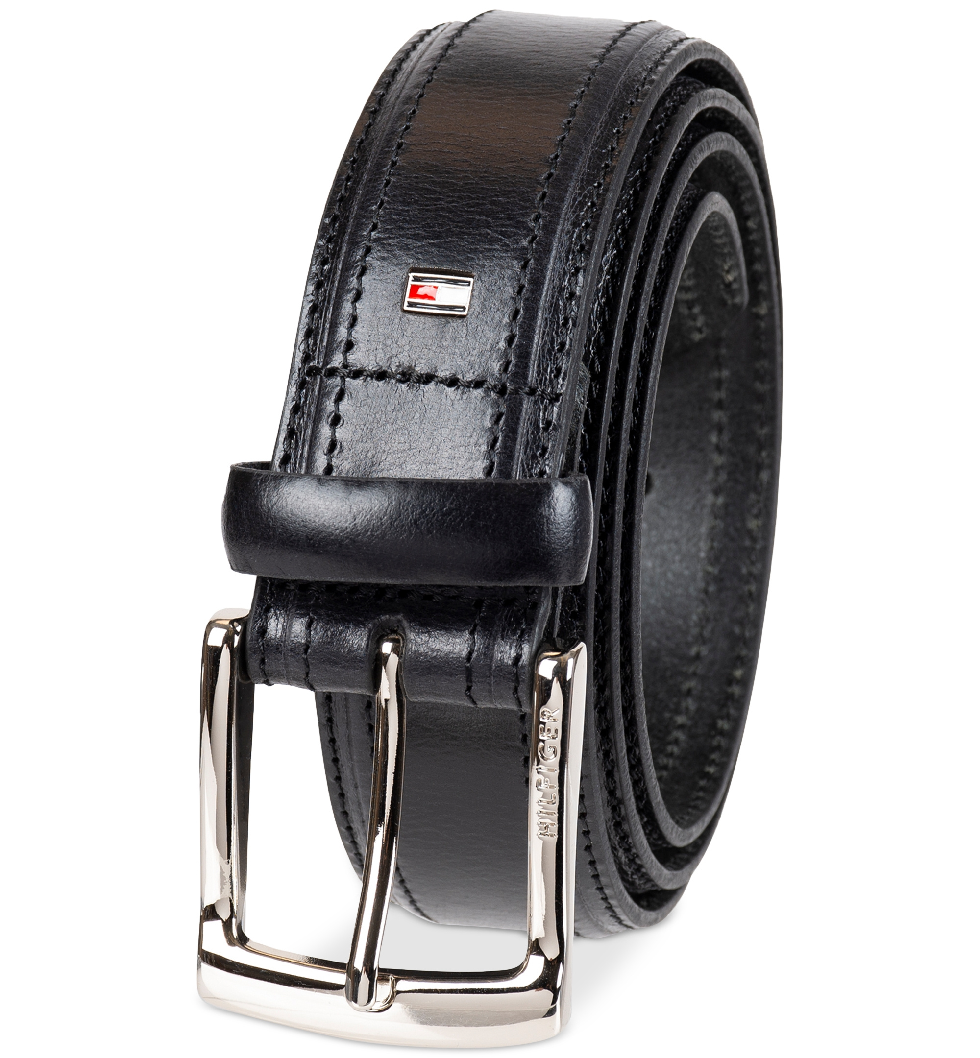 35MM Tommy Hilfiger Men’s Stitched Classic Dress Leather Belt - Black