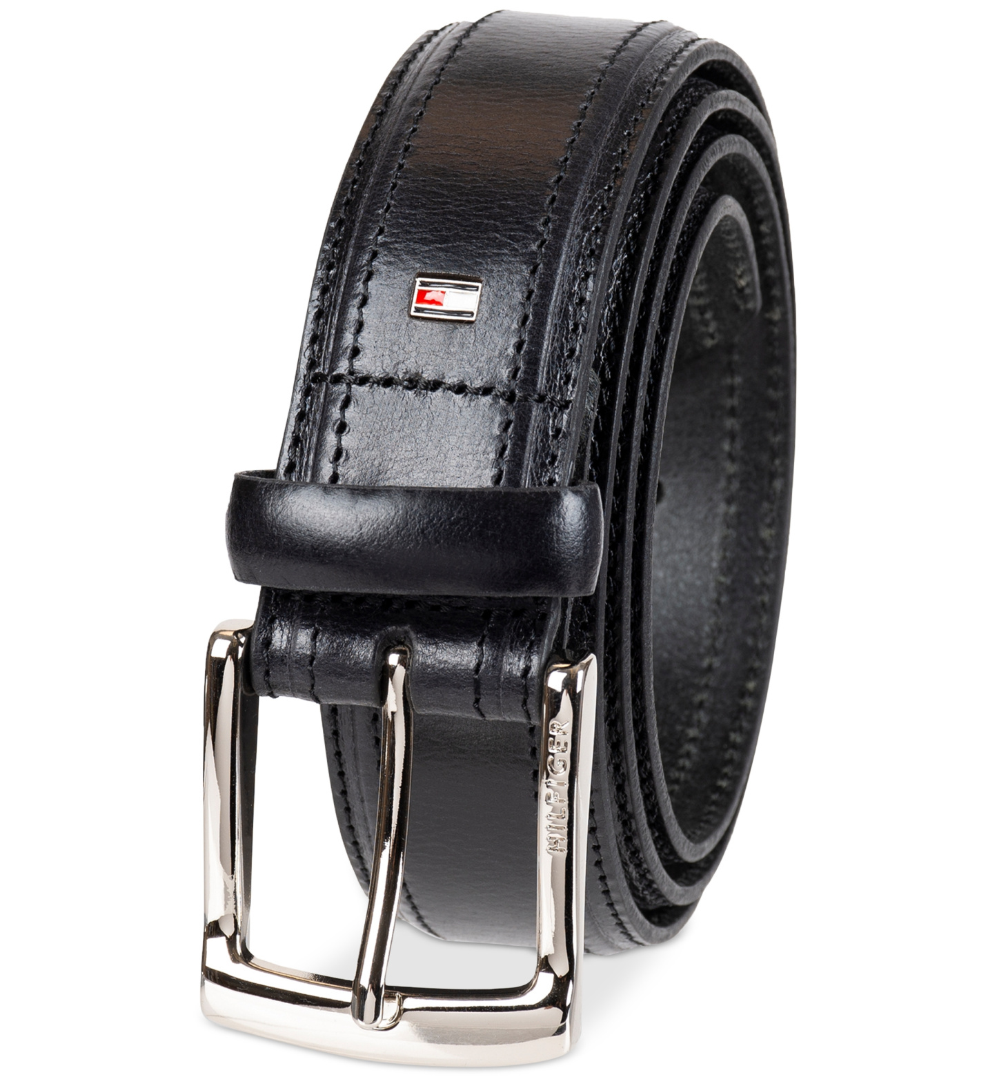 35MM Tommy Hilfiger Men’s Stitched Classic Dress Leather Belt - Black