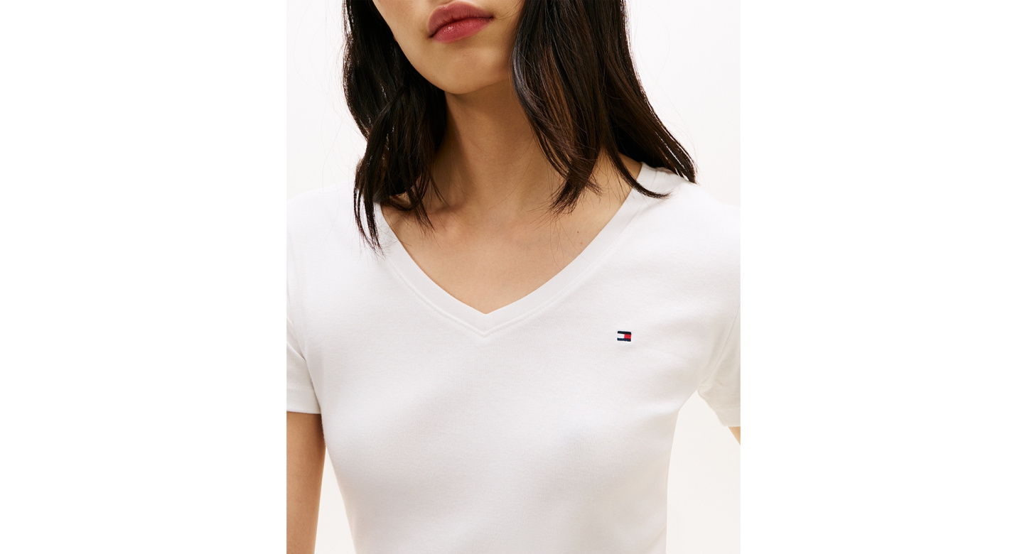 Tommy Hilfiger Women's Rib Slim V-Neck Short-Sleeve T-Shirt - Ecru