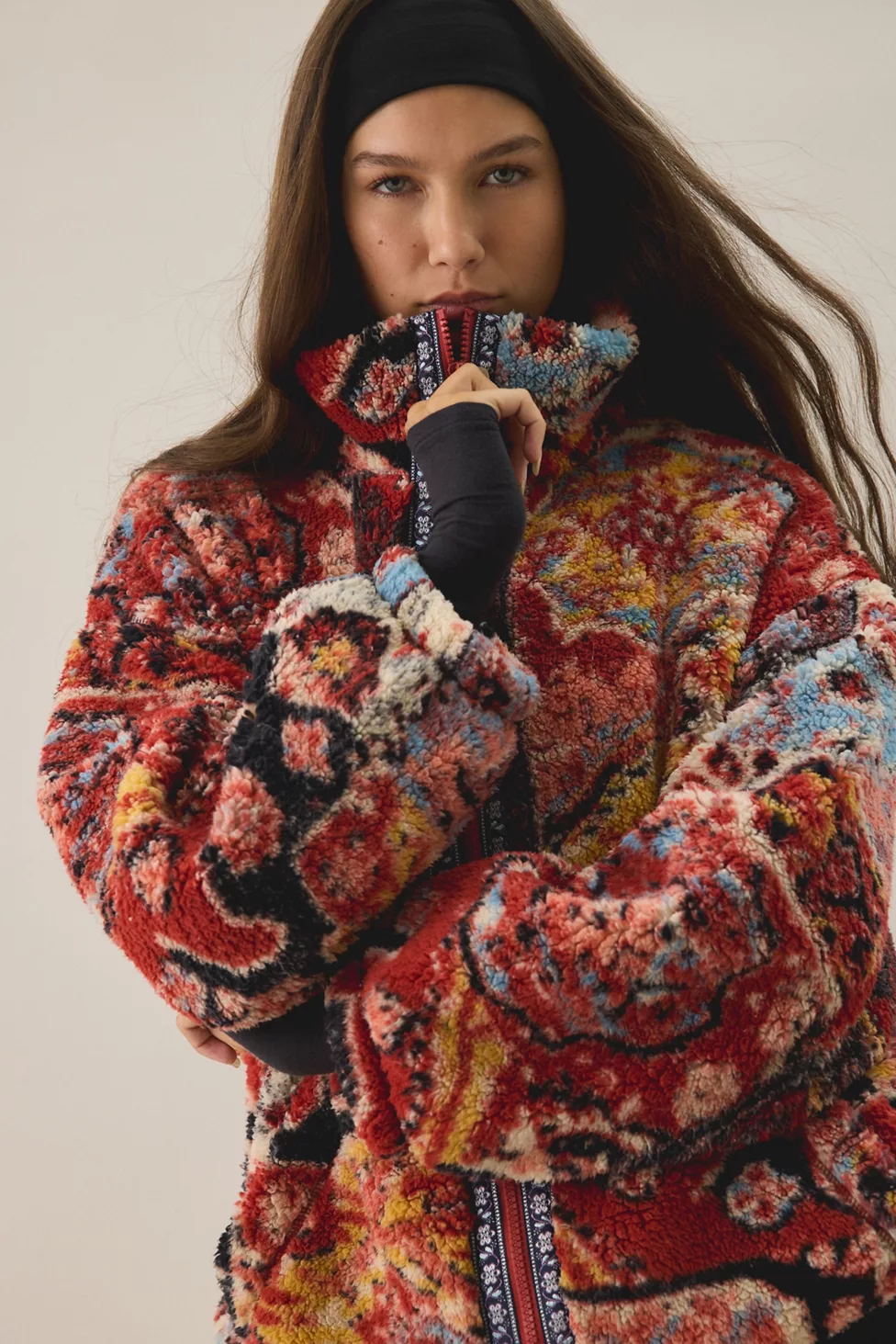 BDG Mae Printed Piled Fleece Zip-Up Jacket - Red Multi