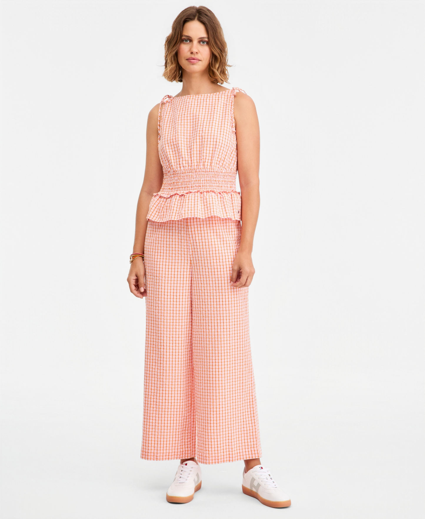 Tommy Hilfiger Women's Smocking Sleeveless Cotton Blouse - Gingham Biscuit