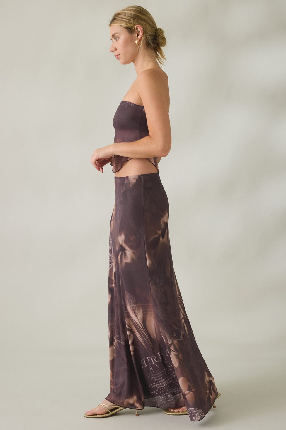 UO Shimmer Haze Printed Mesh Skirt 2-Piece Set - Brown