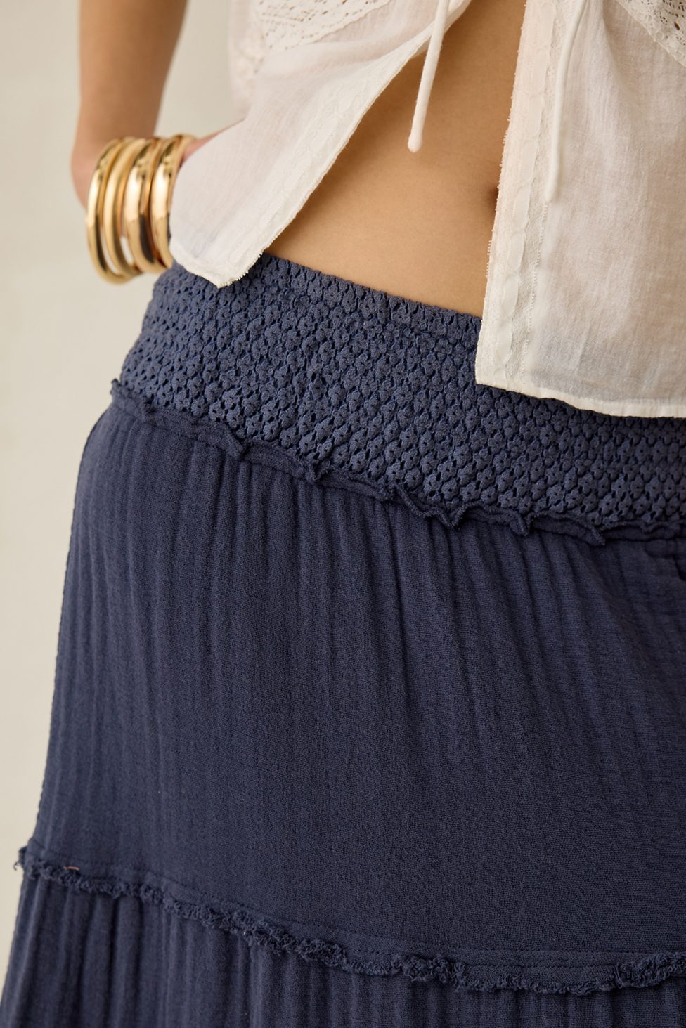 Kimchi Blue On My Mind Smocked Waist Tiered Maxi Skirt - Navy