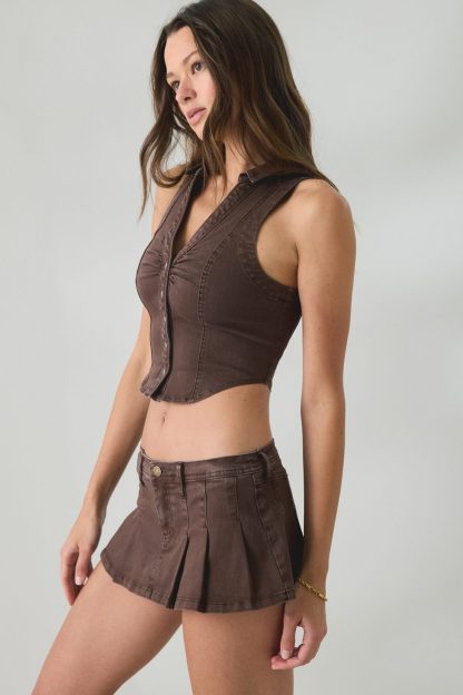 BDG Bad Influence Pleated Low-Rise Denim Mini Skort - Brown