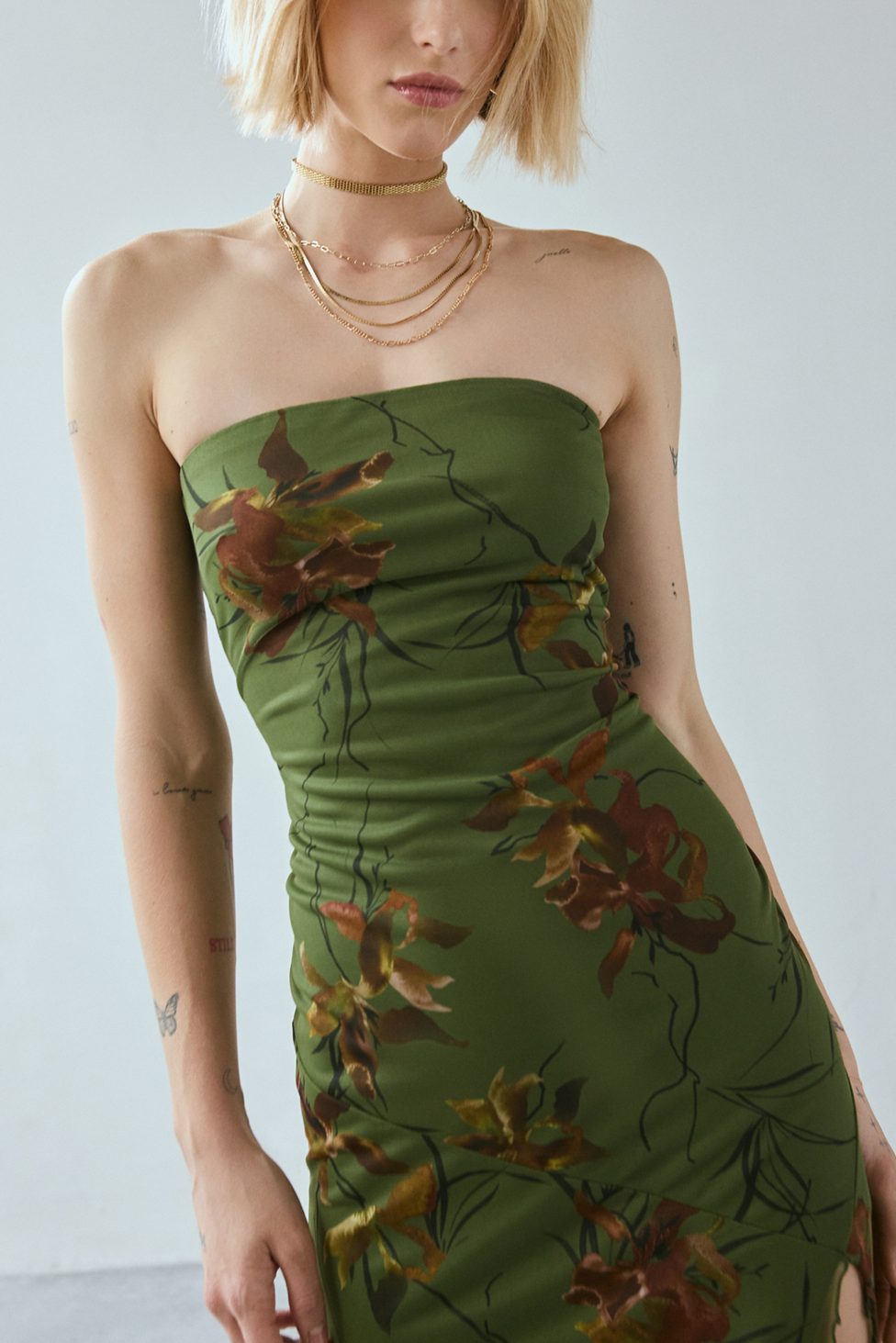 UO Samara Mesh Strapless Midi Dress - Floral Multi