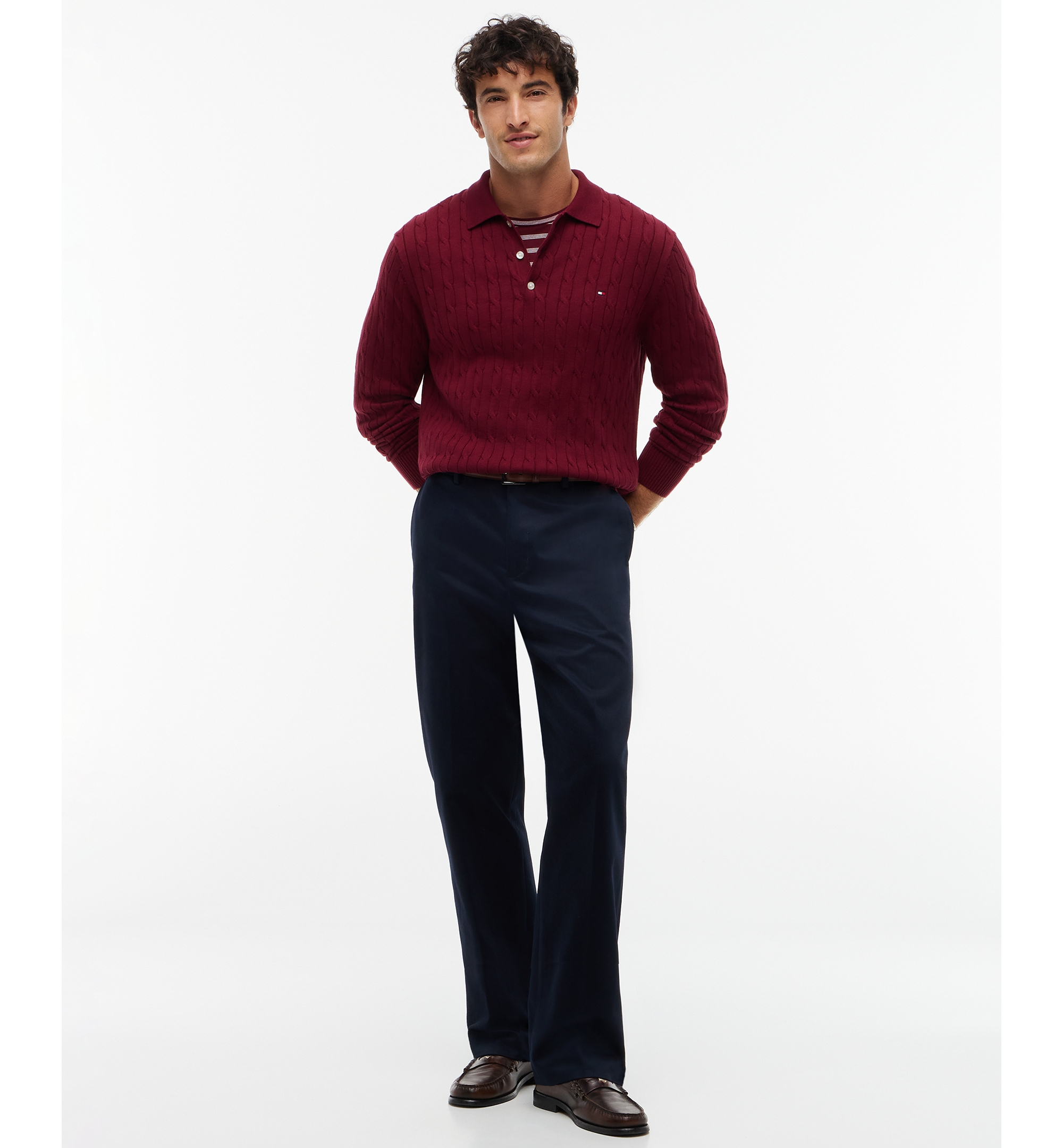 Tommy Hilfiger Men's Classic Cotton Cable-Knit Regular-Fit Sweater Polo - Burgundy