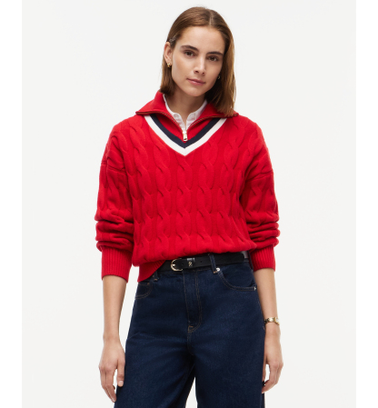 Tommy Hilfiger Women's Cable Half Zip Cricket Turtleneck Relaxed-Fit Sweater - Red