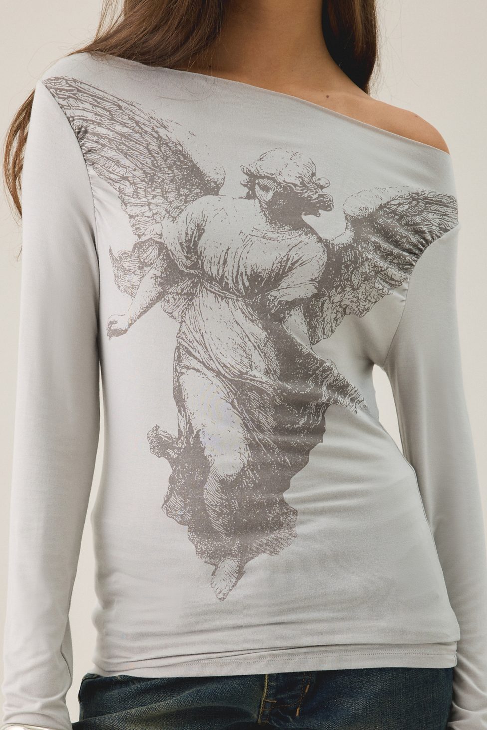 Gothic Angel Graphic Slash Neck Long Sleeve Tee - Silver