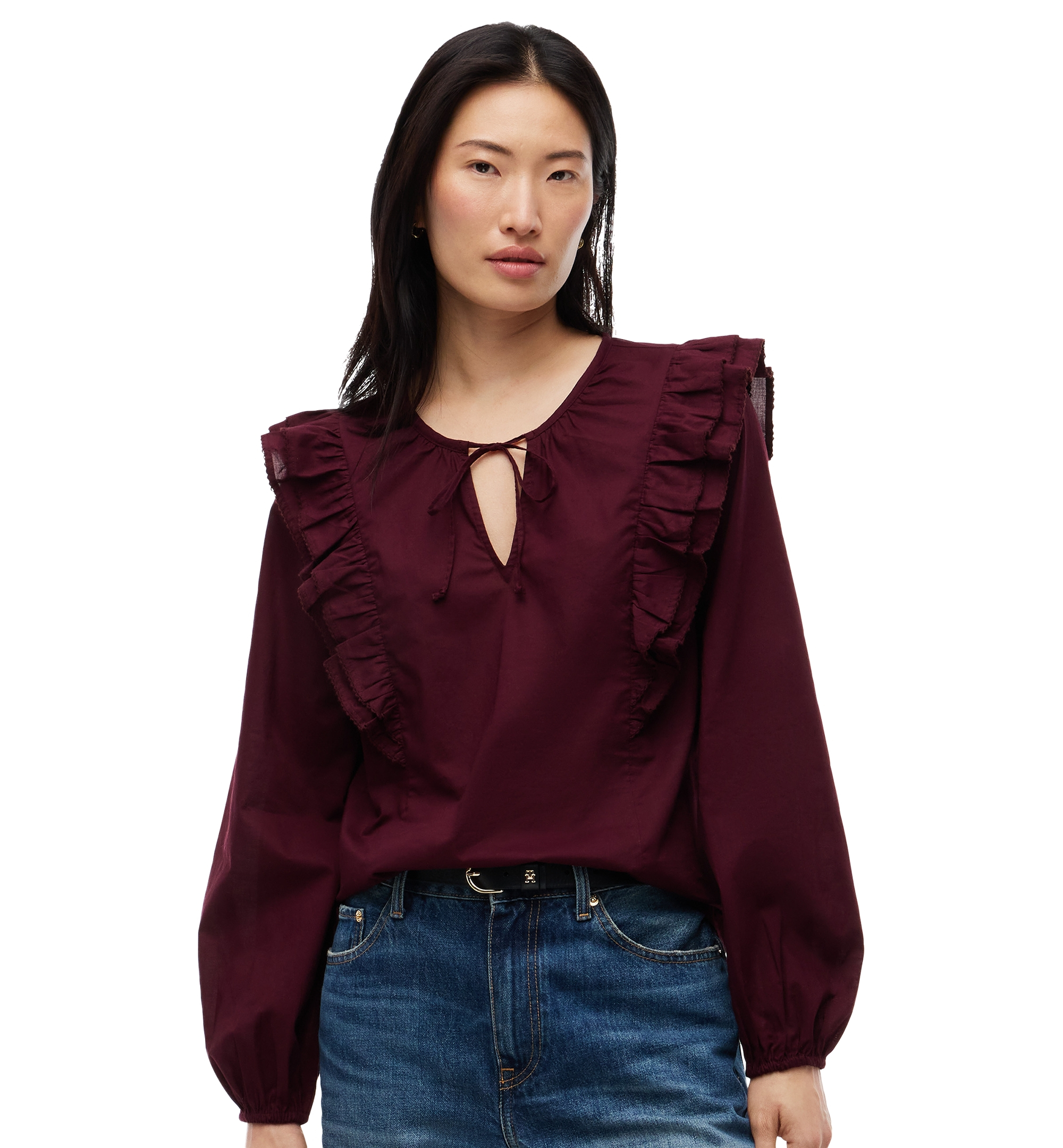 Tommy Hilfiger Women's Frill Detail Long-Sleeve Tie-Neck Top - Deep Burgundy
