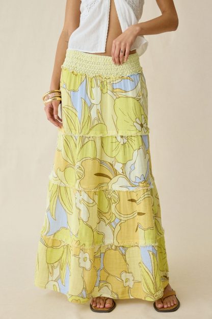 Kimchi Blue On My Mind Smocked Waist Tiered Maxi Skirt - Yellow