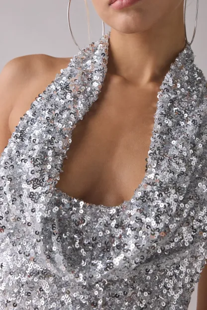 UO Coyote Sequin Halter Bodycon Mini Dress - Silver
