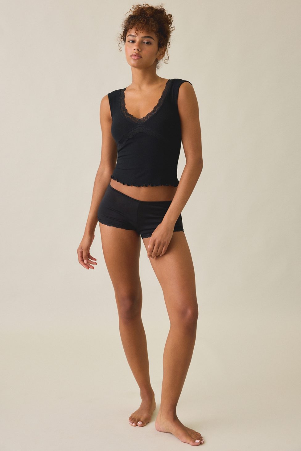 Out From Under Diana Plunging Lace Trim Cap Sleeve Top - Black
