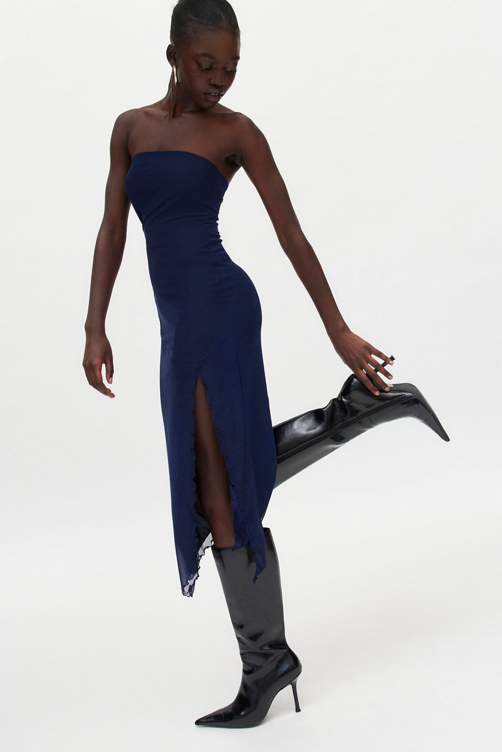 UO Samara Mesh Strapless Midi Dress - Navy