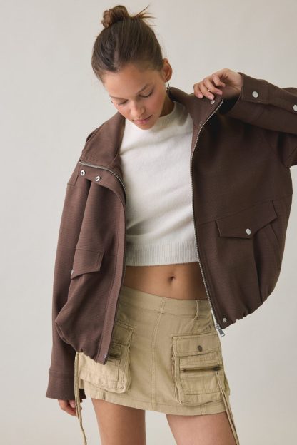 UO Harper Funnel Neck Bomber Jacket - Brown