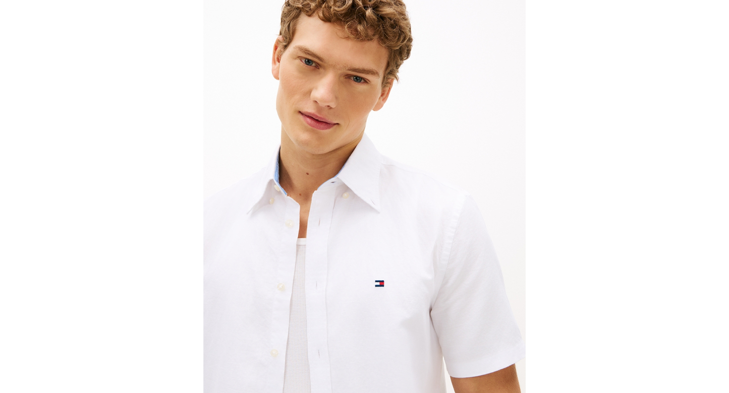 Tommy Hilfiger Men's Short-Sleeve Pigment-Dyed 100% Linen Shirt - White