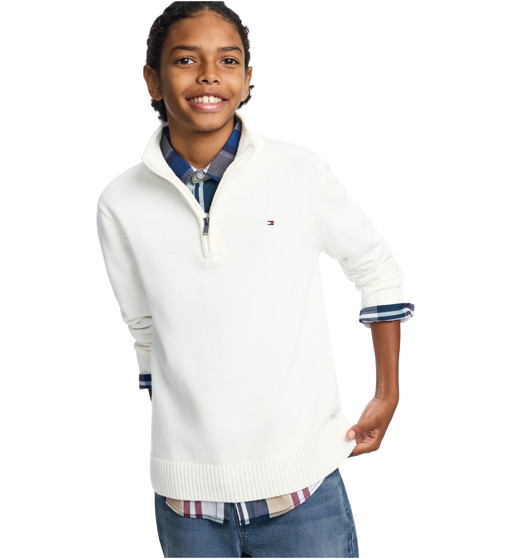 Tommy Hilfiger Boys' 8-20 Zipneck Cotton Quarter-Zip Sweater - Ecru