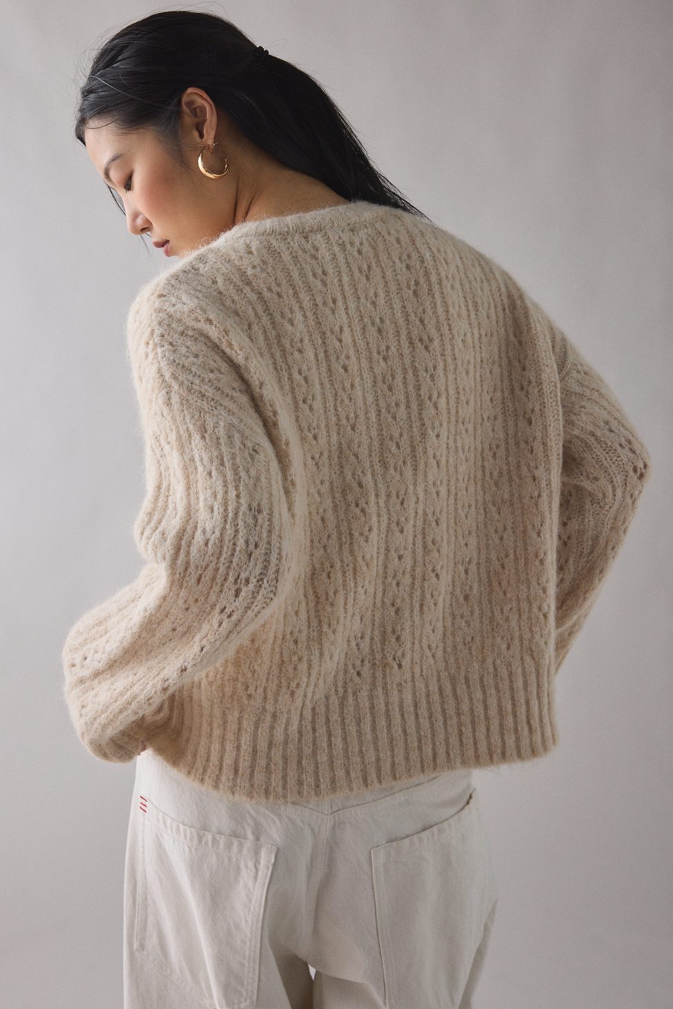 BDG Becca Brushed Pointelle Knit Oversized Cardigan - Ivory