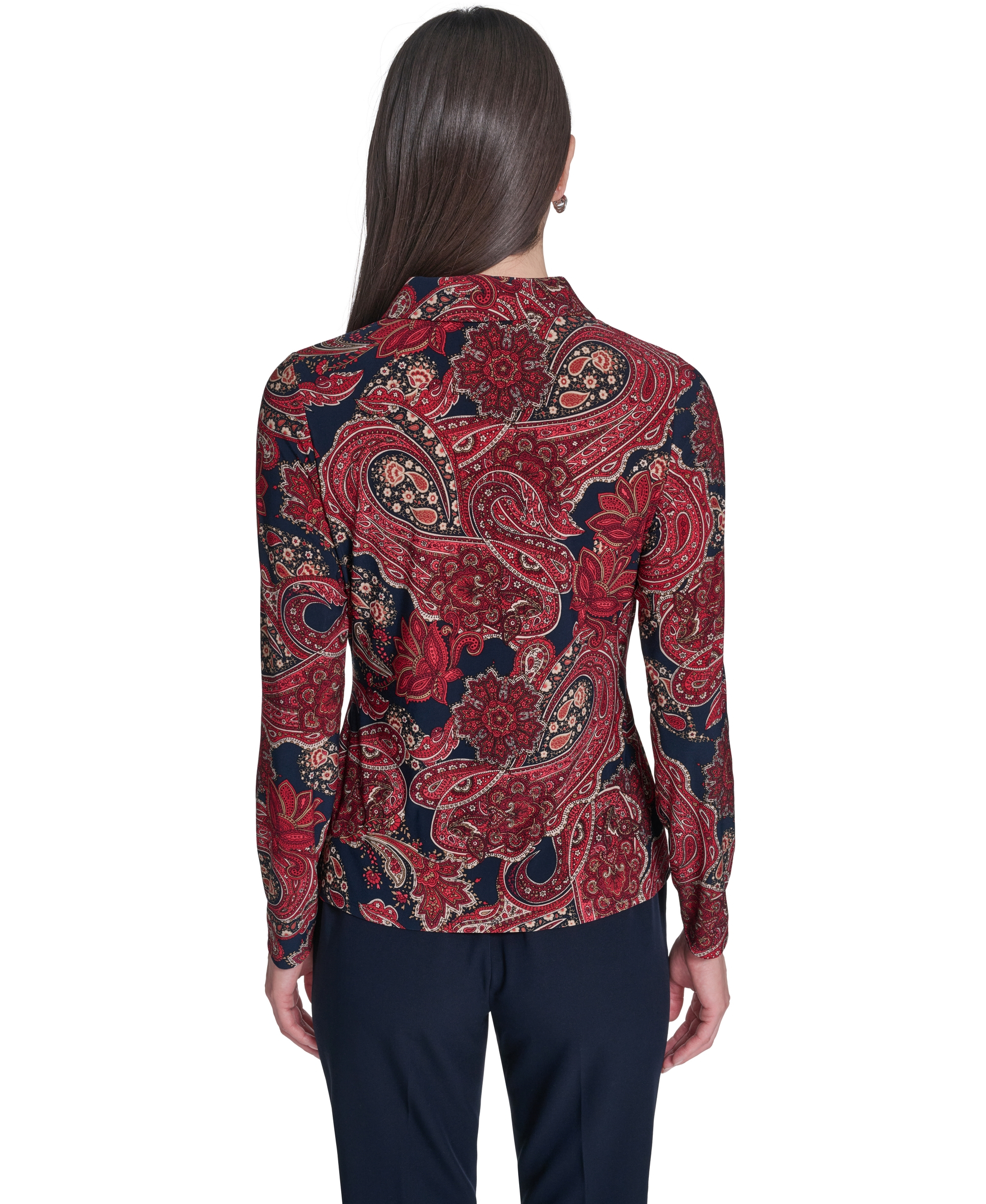 Tommy Hilfiger Women's Long-Sleeve Paisley Print Collared Top - Midnight Multi
