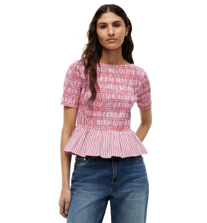 Tommy Hilfiger Women's Smocking Striped Boat Neck Cotton Top - Pink Multi Stripe