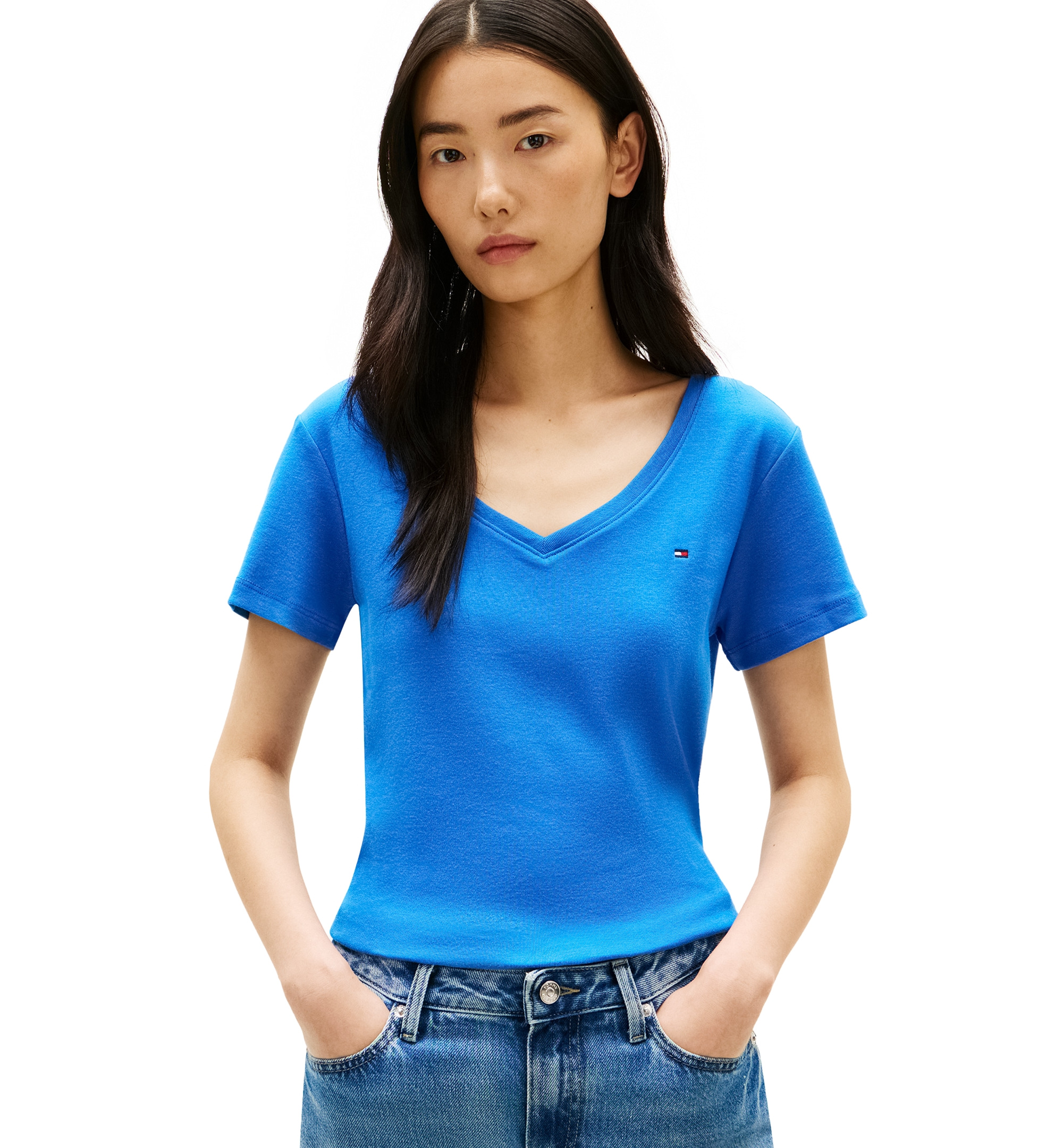 Tommy Hilfiger Women's Rib Slim V-Neck Short-Sleeve T-Shirt - Black