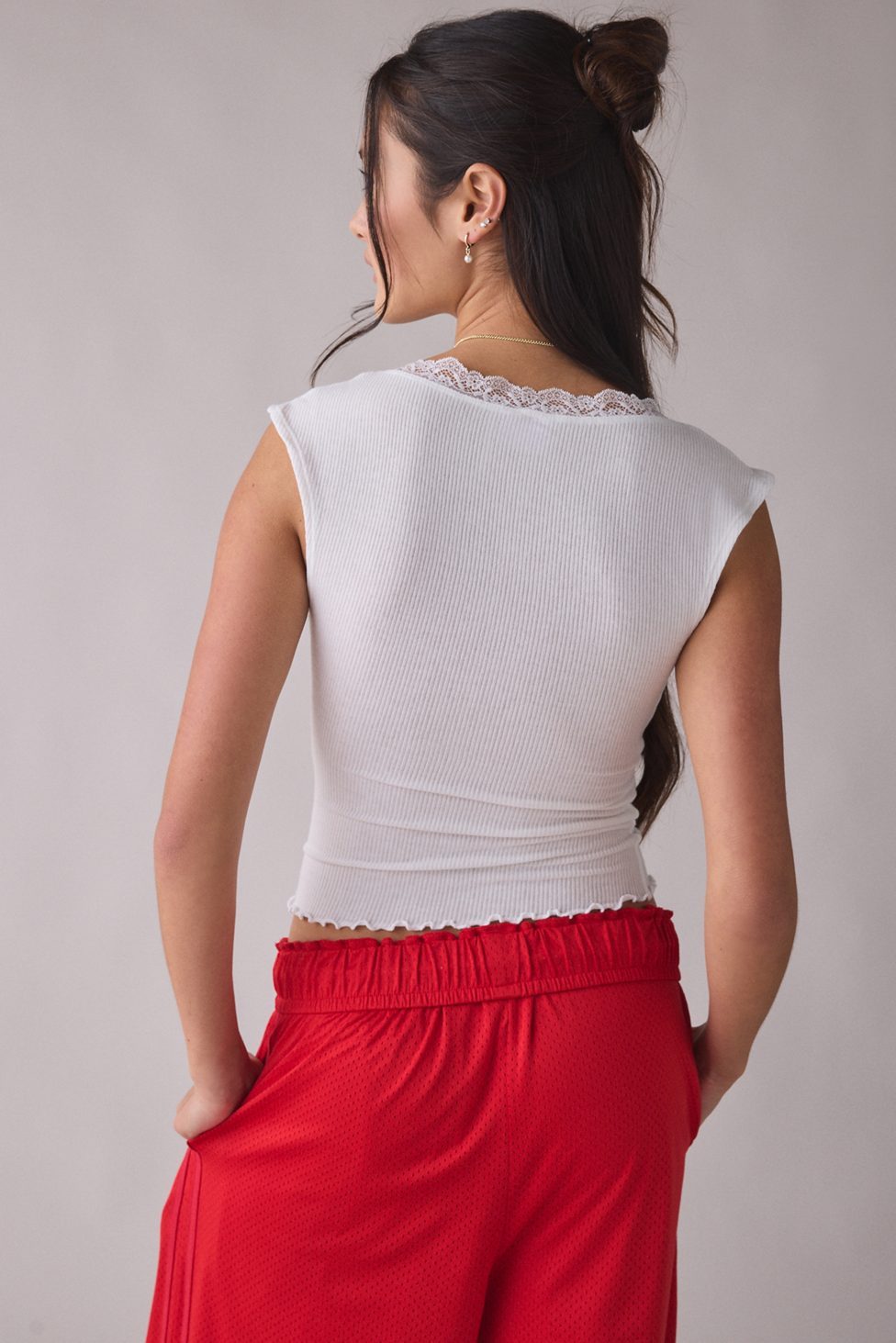 Out From Under Diana Plunging Lace Trim Cap Sleeve Top - White